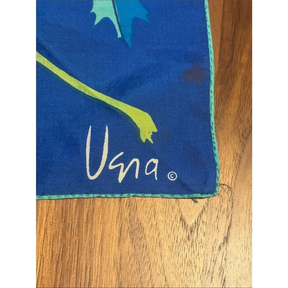 Vintage Vera Leaf Print Silk Scarf in Blue, Teal & Yellow